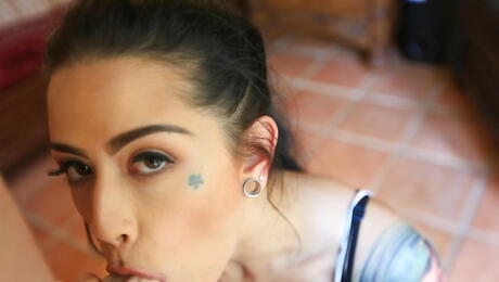 Stunning american dark-haired Katrina Jade sucking hot rod and enjoys a cumshot in her mouth 